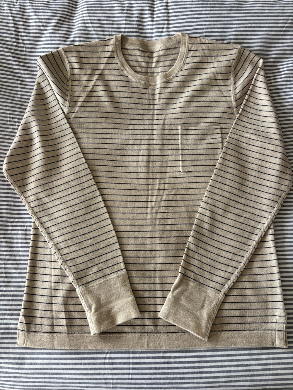 Bloomingdale's Beige Crewneck Extra Fine Merino Wool Sweater with Navy Stripes